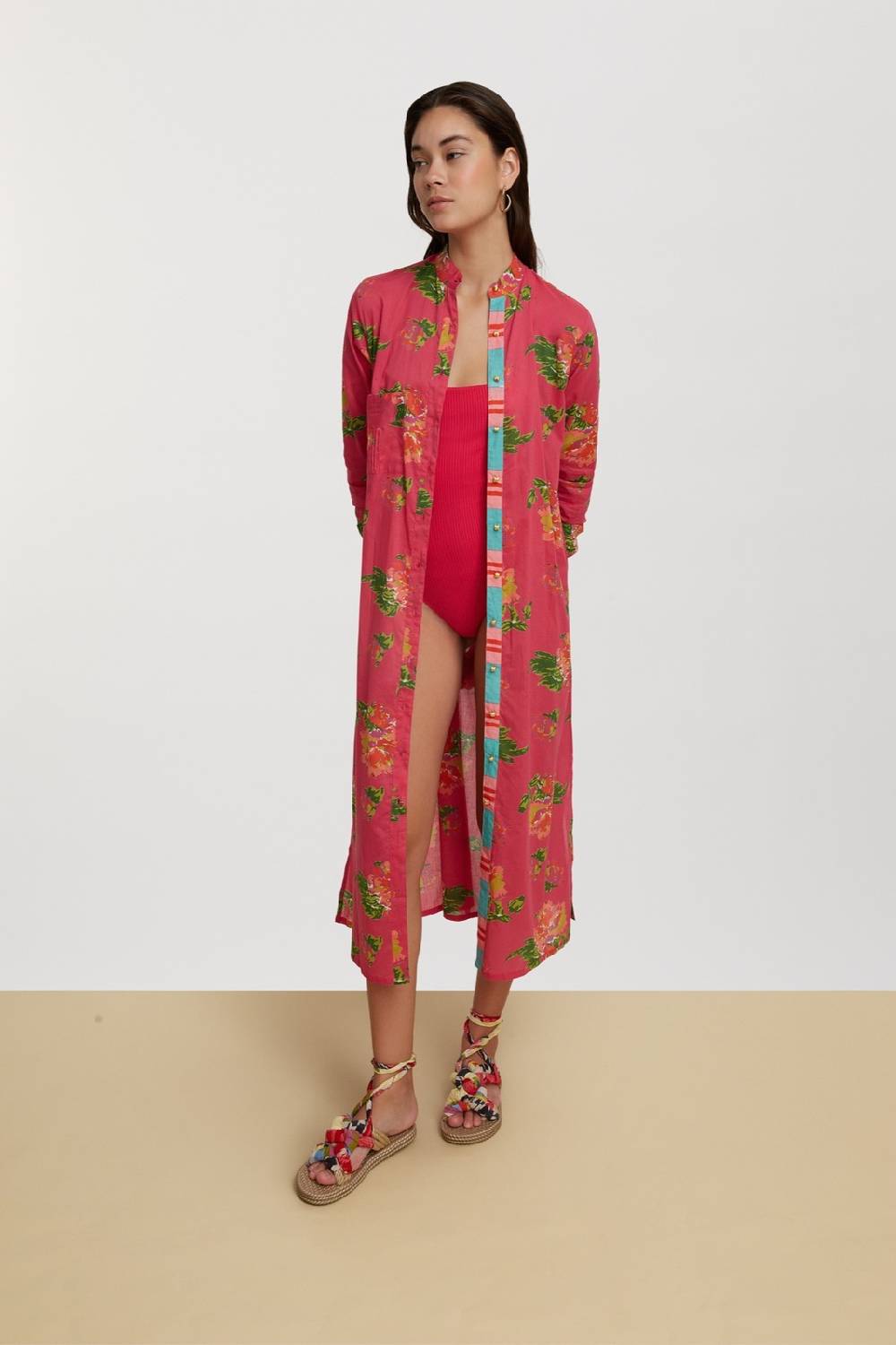 Lisa Corti kurta lunga aperta azhar flower fuxia Online