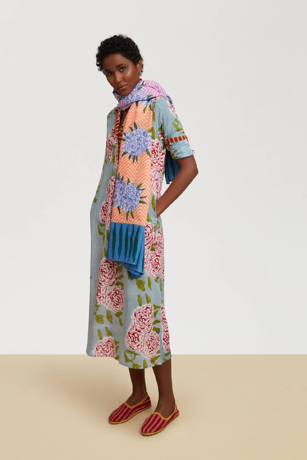 Lisa Corti kurta lunga leopard flower sky light blue Sottocosto