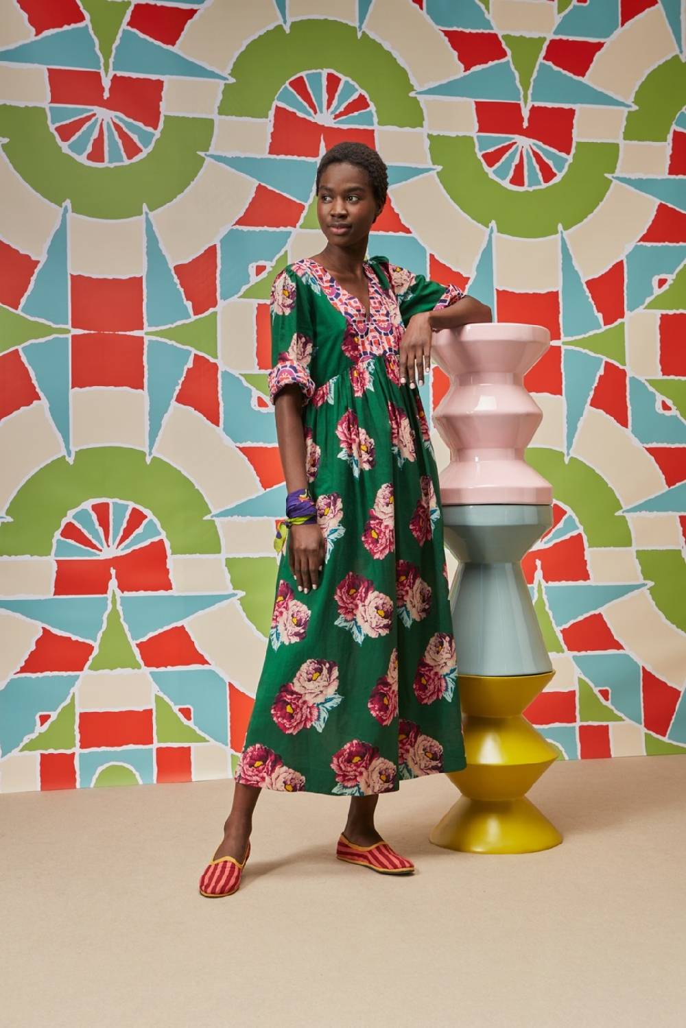 Lisa Corti abito gypsy folk rose green Saldi Di Fabbrica