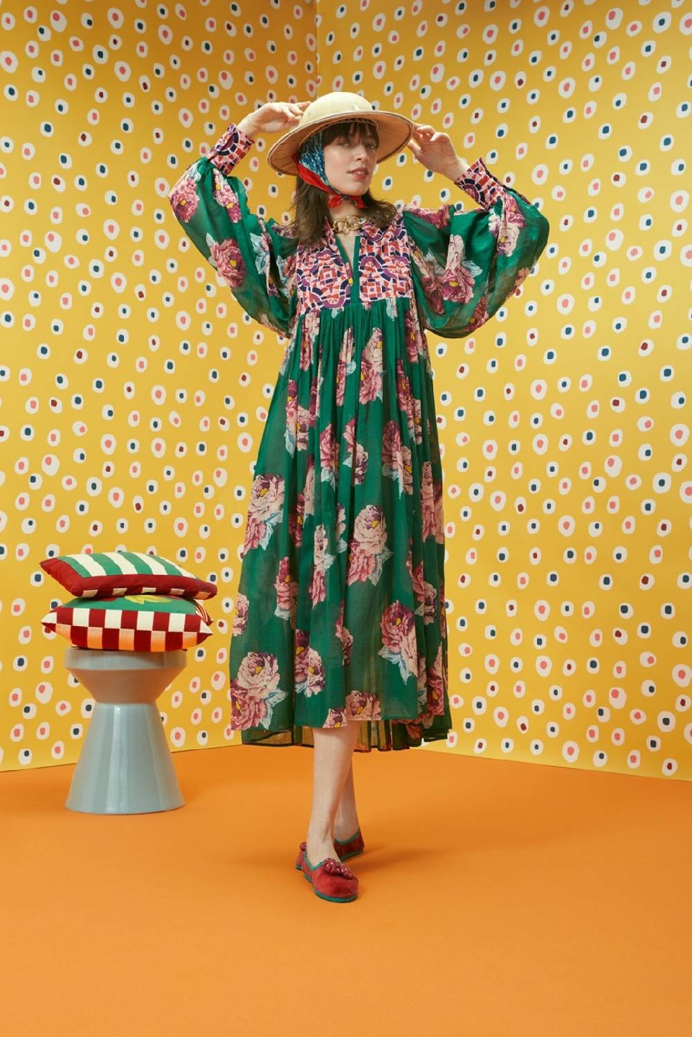 Lisa Corti abito ortensia folk rose green Italia