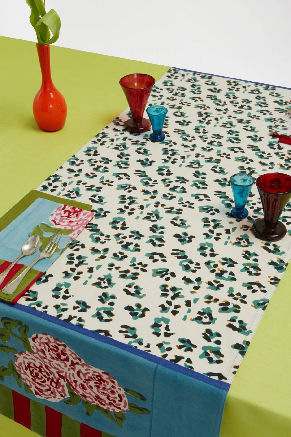 Lisa Corti tovaglietta doppia cotone 50x150cm leopard stripes sky Consegna Veloce