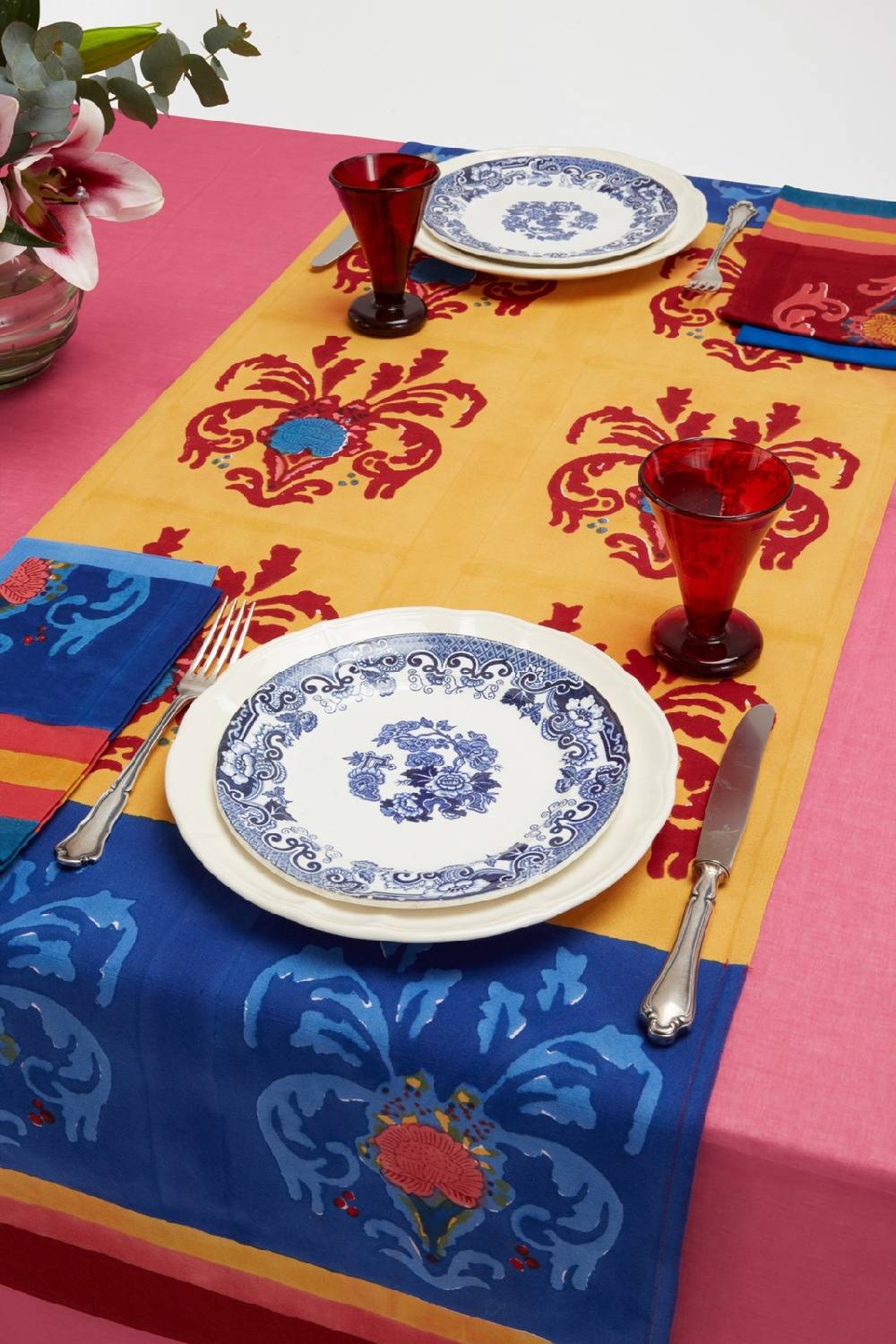 Lisa Corti tovaglietta doppia cotone 50x150cm brocade royal blue Sconto