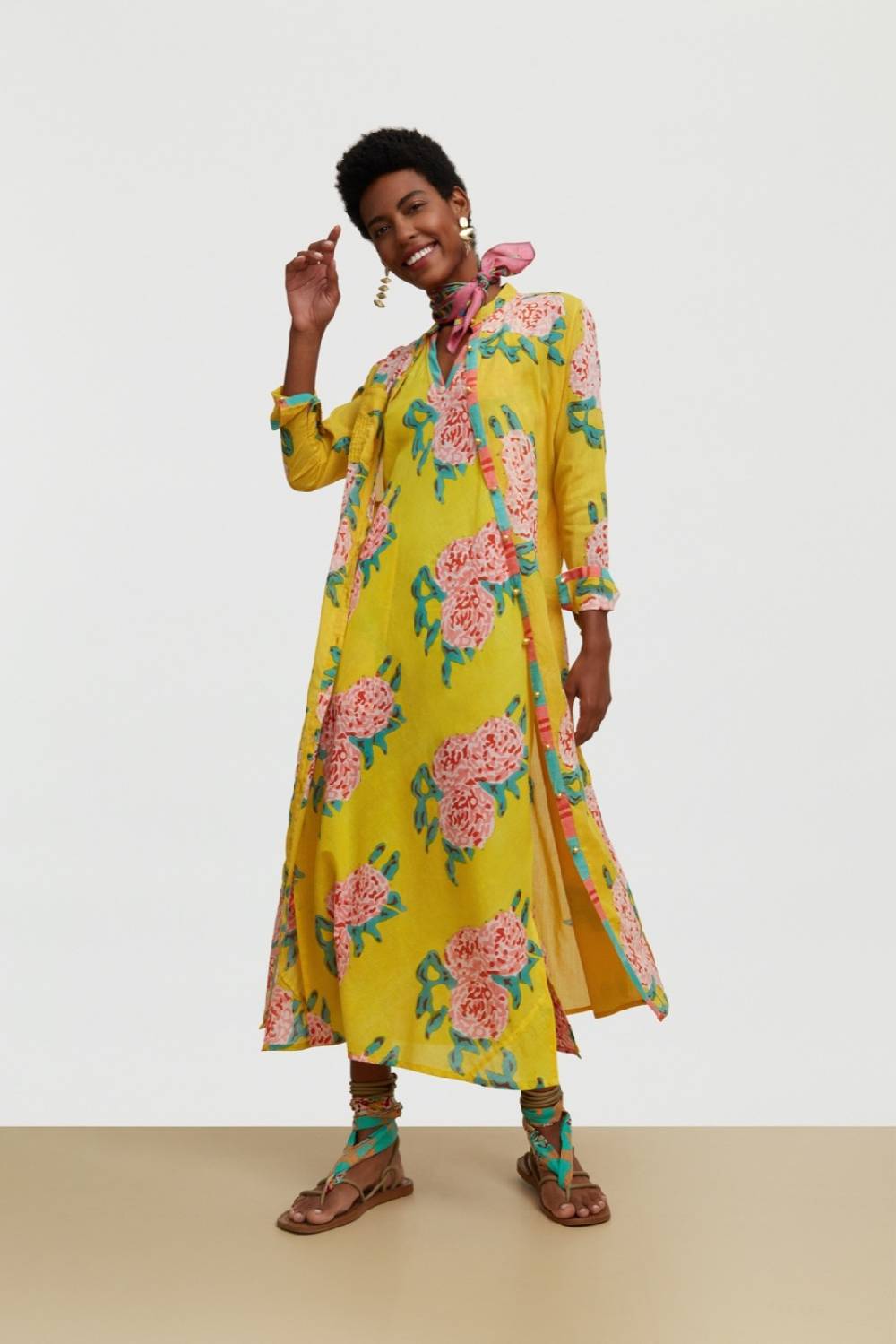 Lisa Corti abito cheack leopard flower yellow Italy