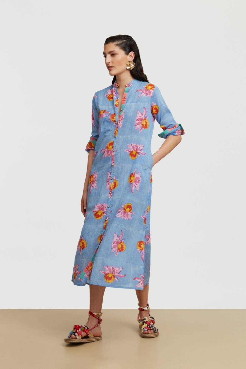 Lisa Corti kurta lunga aperta arabesque flower light blue Latest stili