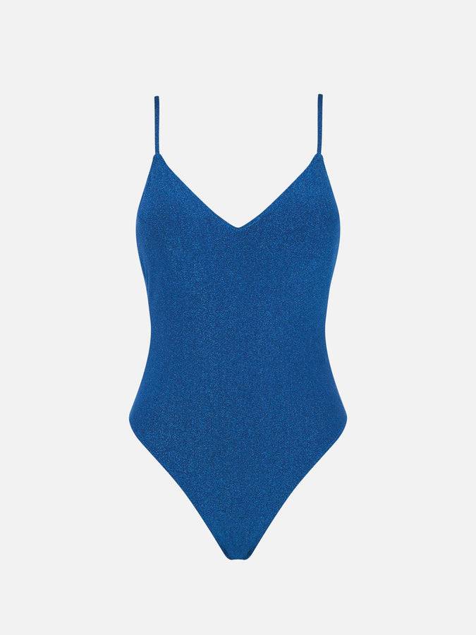 Mc2 Saint Barth Costume intero con scollo a V in lurex bluette Vendita