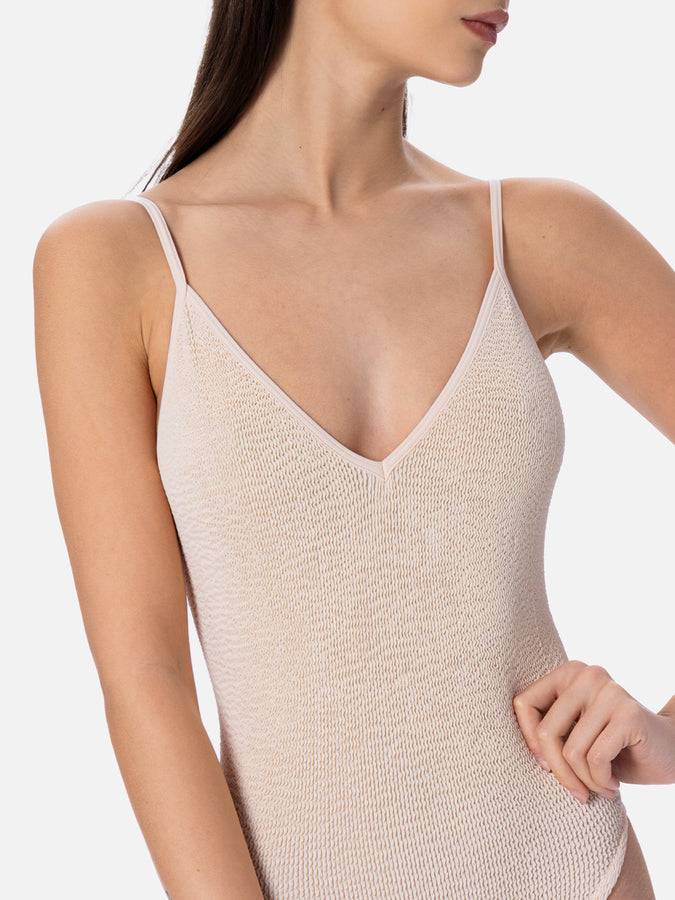 Mc2 Saint Barth Costume intero da donna beige crinkle Susanne Nuovo