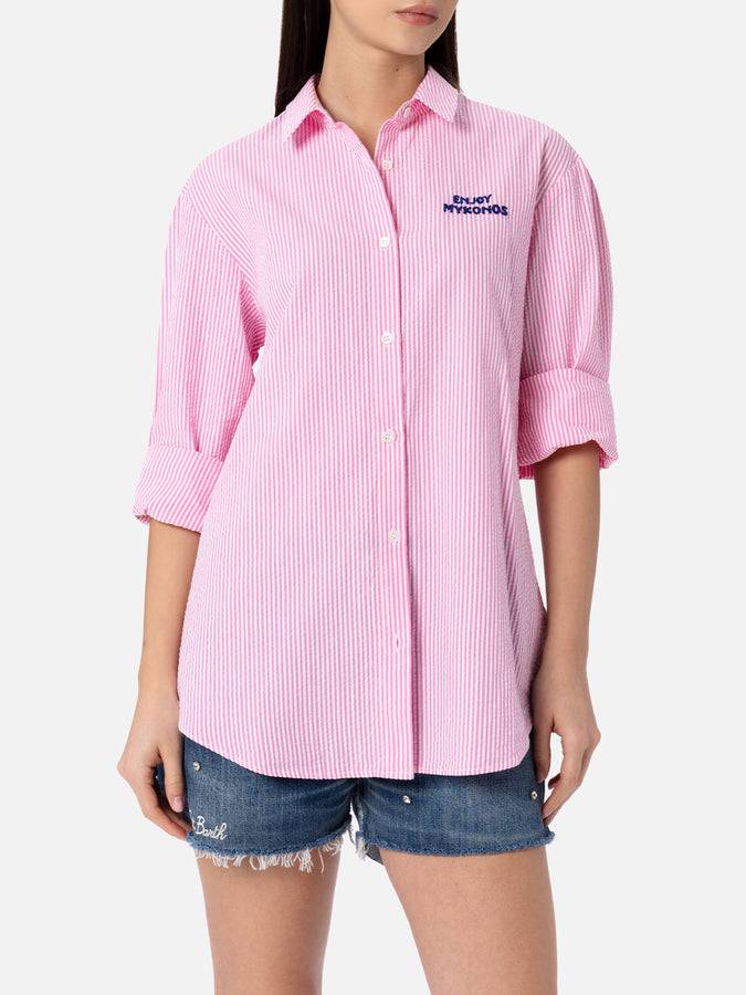 Mc2 Saint Barth Woman striped seeruscker cotton over shirt Brigitte with front and back Mykonos embroidery Vendite Flash
