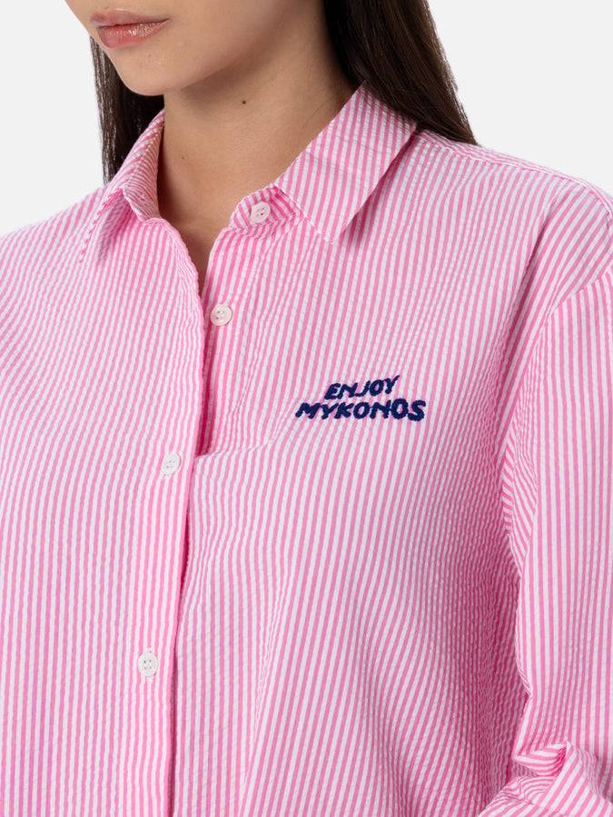 Mc2 Saint Barth Woman striped seeruscker cotton over shirt Brigitte with front and back Mykonos embroidery Vendite Flash