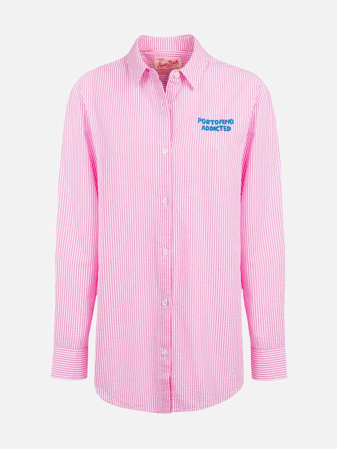 Mc2 Saint Barth Woman striped seeruscker cotton over shirt Brigitte with front and back Mykonos embroidery Vendite Flash