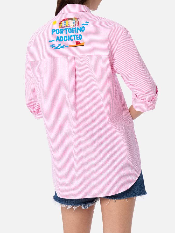Mc2 Saint Barth Woman striped seeruscker cotton over shirt Brigitte with front and back Portofino embroidery Negozio