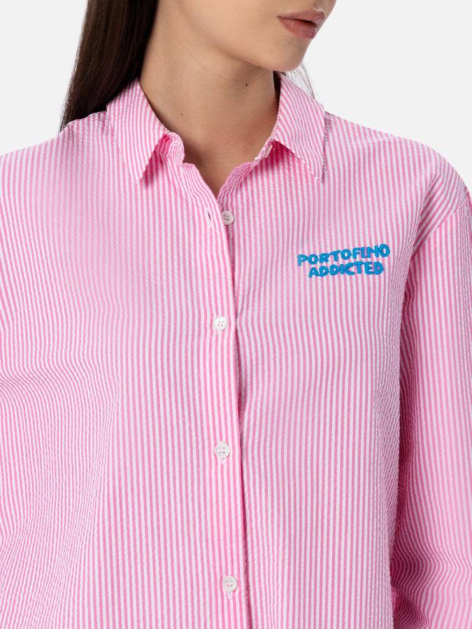 Mc2 Saint Barth Woman striped seeruscker cotton over shirt Brigitte with front and back Portofino embroidery Negozio