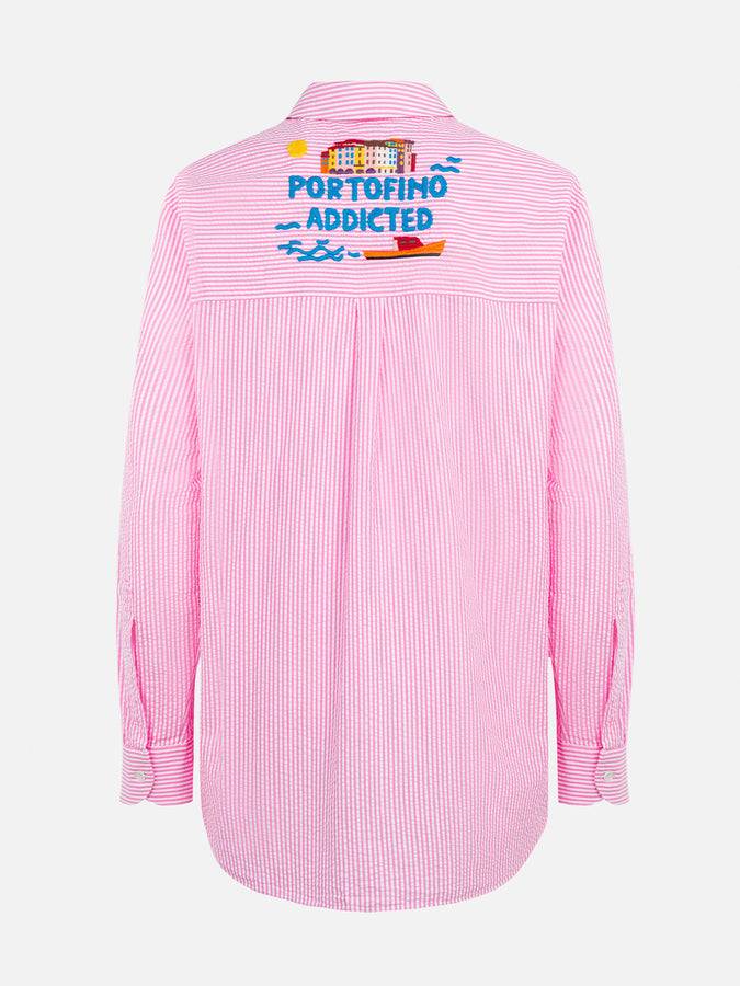 Mc2 Saint Barth Woman striped seeruscker cotton over shirt Brigitte with front and back Portofino embroidery Negozio