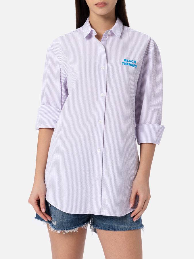 Mc2 Saint Barth Woman striped print cotton over shirt Brigitte with front and back Beach Therapy embroidery In Saldo