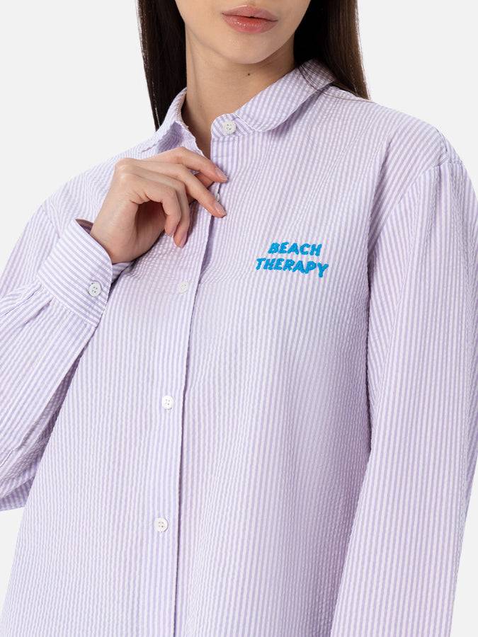 Mc2 Saint Barth Woman striped print cotton over shirt Brigitte with front and back Beach Therapy embroidery In Saldo