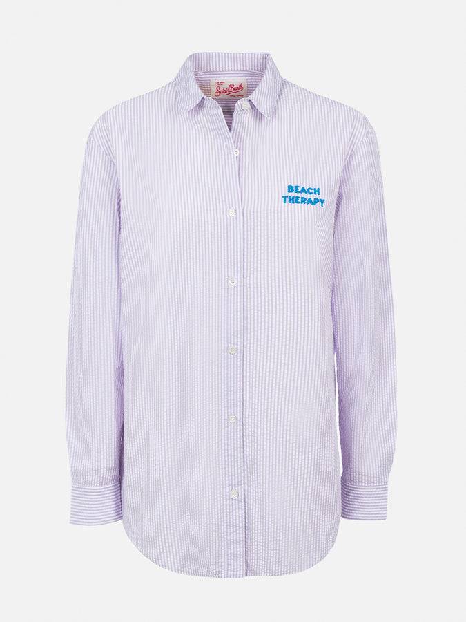 Mc2 Saint Barth Woman striped print cotton over shirt Brigitte with front and back Beach Therapy embroidery In Saldo