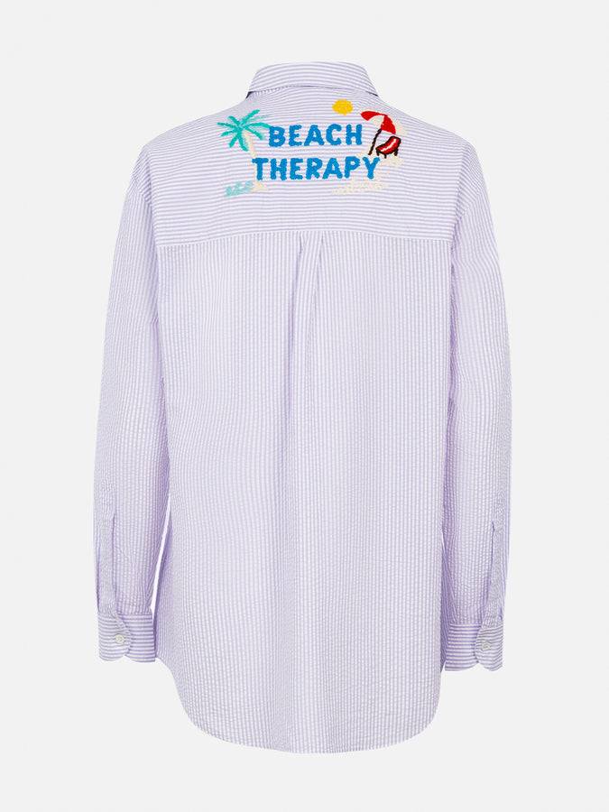 Mc2 Saint Barth Woman striped print cotton over shirt Brigitte with front and back Beach Therapy embroidery In Saldo
