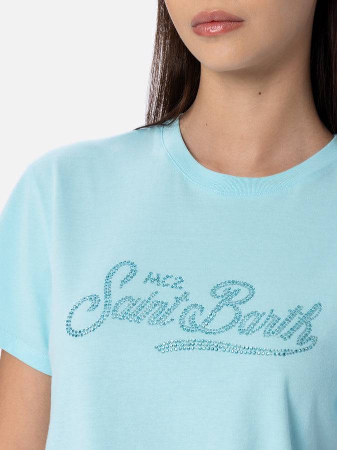Mc2 Saint Barth Woman water green cotton jersey crewneck t-shirt Emilie with rhinestones Consegna Veloce