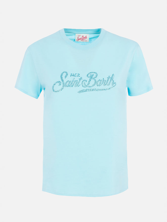 Mc2 Saint Barth Woman water green cotton jersey crewneck t-shirt Emilie with rhinestones Consegna Veloce