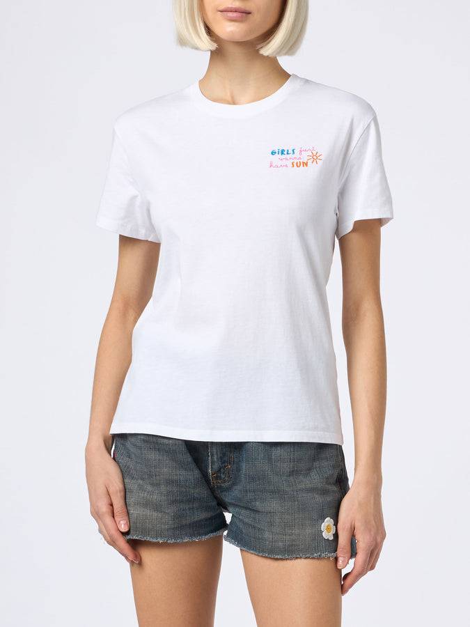 Mc2 Saint Barth T-shirt da donna girocollo in jersey di cotone Emilie con ricamo Girls just wanna have Sun Prezzo Ridotto