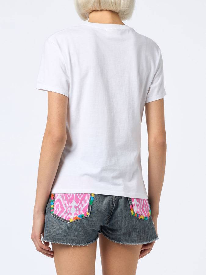 Mc2 Saint Barth T-shirt da donna girocollo in jersey di cotone Emilie con ricamo Girls just wanna have Sun Prezzo Ridotto