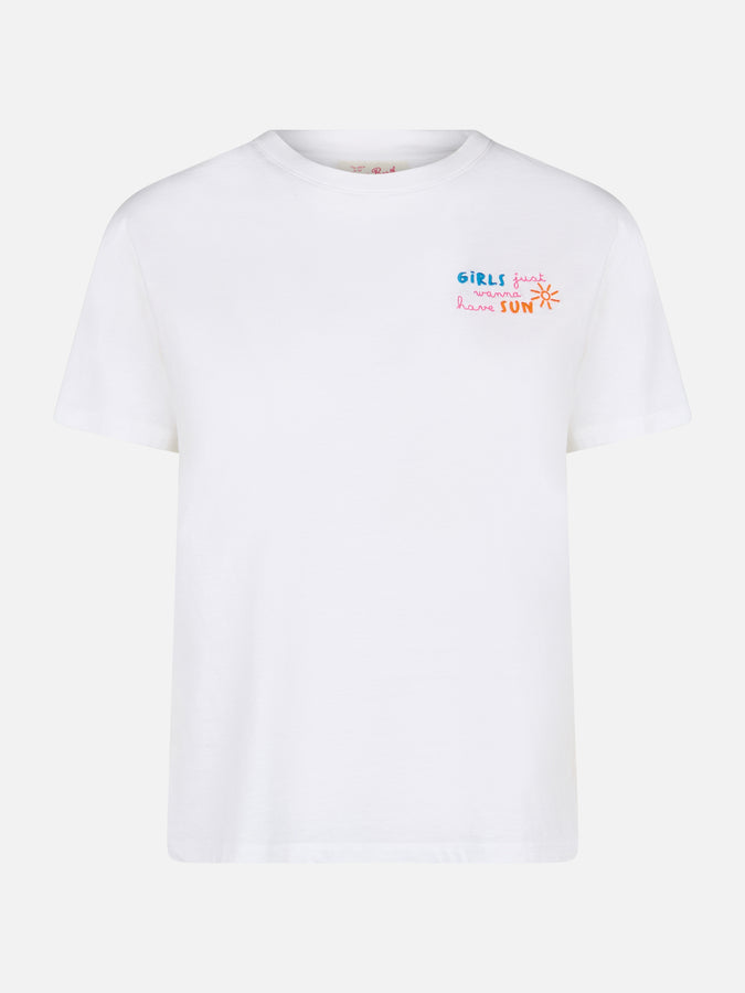 Mc2 Saint Barth T-shirt da donna girocollo in jersey di cotone Emilie con ricamo Girls just wanna have Sun Prezzo Ridotto