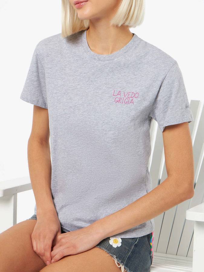 Mc2 Saint Barth T-shirt da donna girocollo Emilie in jersey di cotone con ricamo La Vedo Grigia Outlet