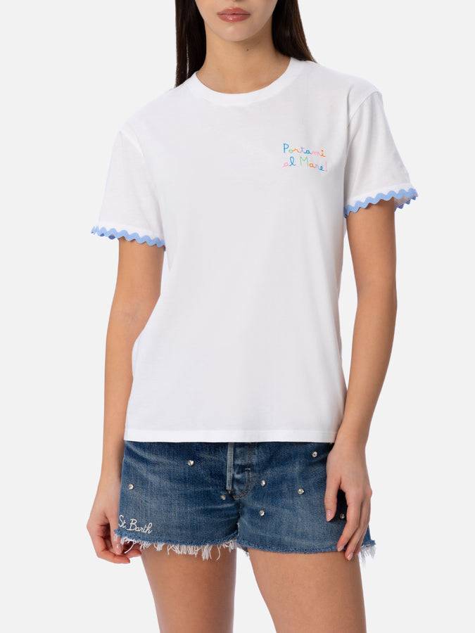 Mc2 Saint Barth T-shirt da donna girocollo Emilie in jersey di cotone con ricamo Portami al Mare Vendita Calda