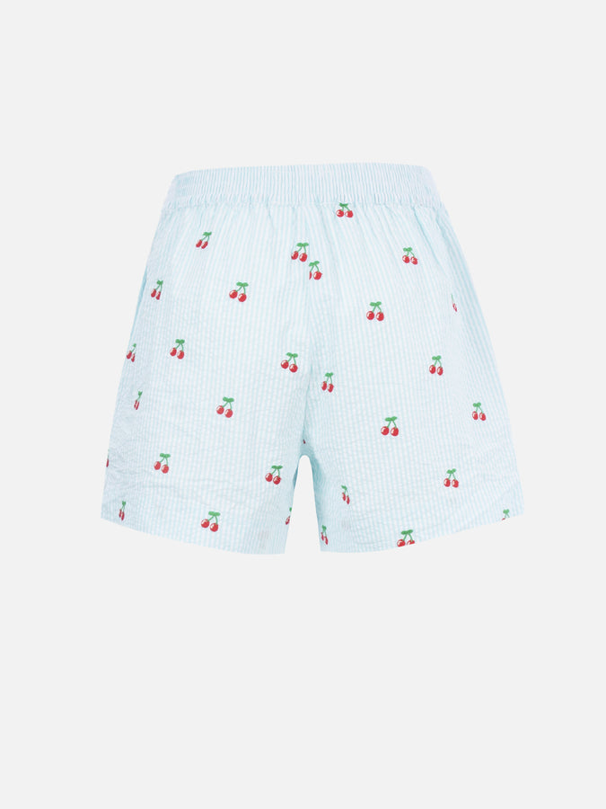 Mc2 Saint Barth Pantaloncini da donna pull up a righe seersucker Meave con toppe ciliegia Qualità