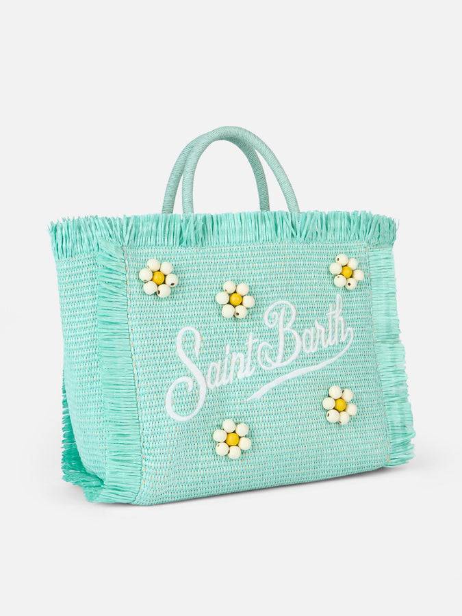 Mc2 Saint Barth Water green Colette Straw handbag with flower wood beads embellishment Nuovo