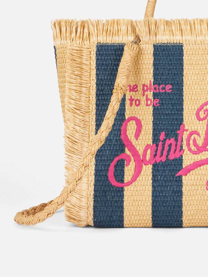 Mc2 Saint Barth Colette Straw handbag with navy blue striped print Promozione