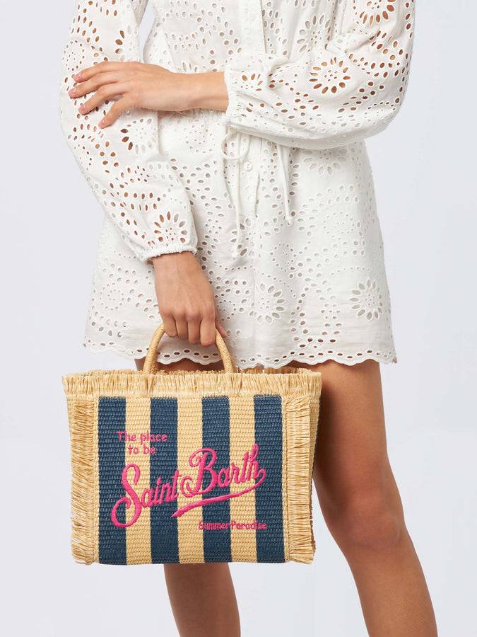 Mc2 Saint Barth Colette Straw handbag with navy blue striped print Promozione