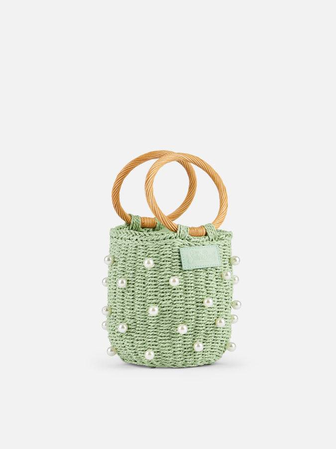 Mc2 Saint Barth Borsa a secchiello in rattan verde acqua con decorazione di perle Acquista Ora