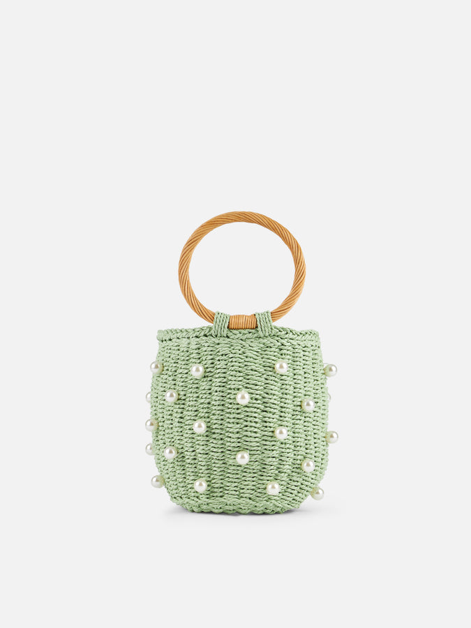 Mc2 Saint Barth Borsa a secchiello in rattan verde acqua con decorazione di perle Acquista Ora