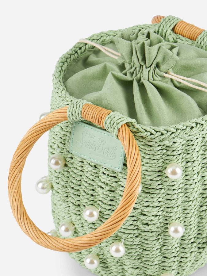 Mc2 Saint Barth Borsa a secchiello in rattan verde acqua con decorazione di perle Acquista Ora