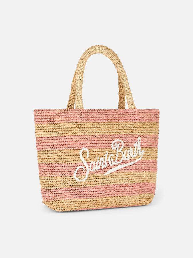 Mc2 Saint Barth Borsa midi Beach in rafia a righe rosa con pochette in cotone Affare Del Giorno