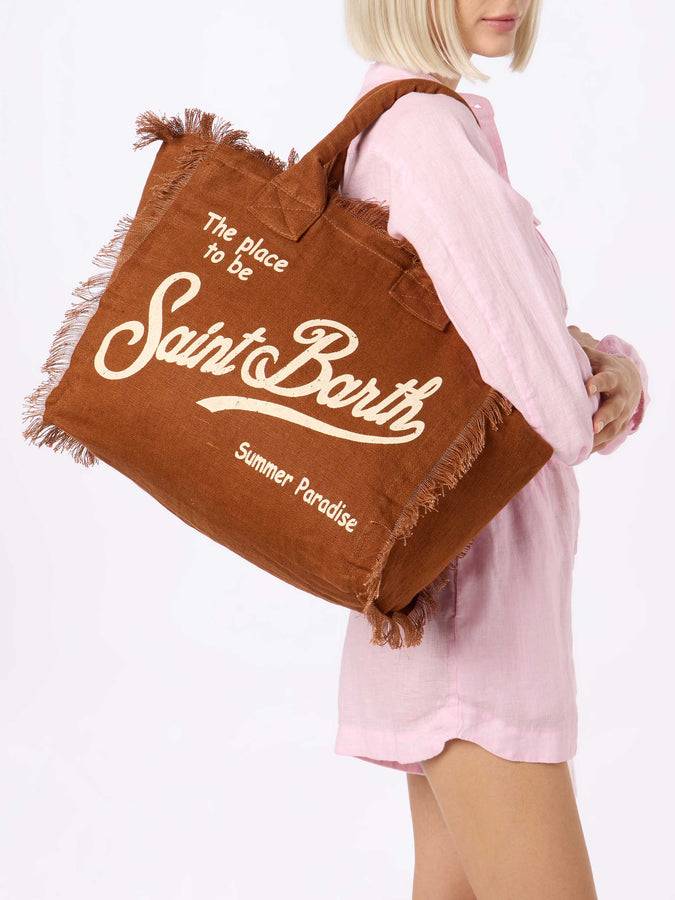 Mc2 Saint Barth Brown Vanity Linen tote bag with Saint Barth logo Economico