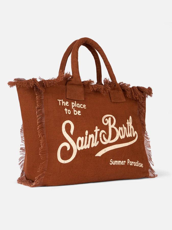 Mc2 Saint Barth Brown Vanity Linen tote bag with Saint Barth logo Economico