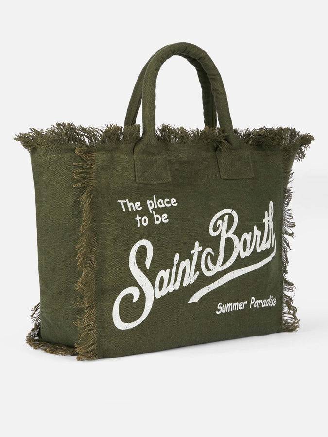 Mc2 Saint Barth Borsa tote Vanity Linen verde militare con ricami Offerte