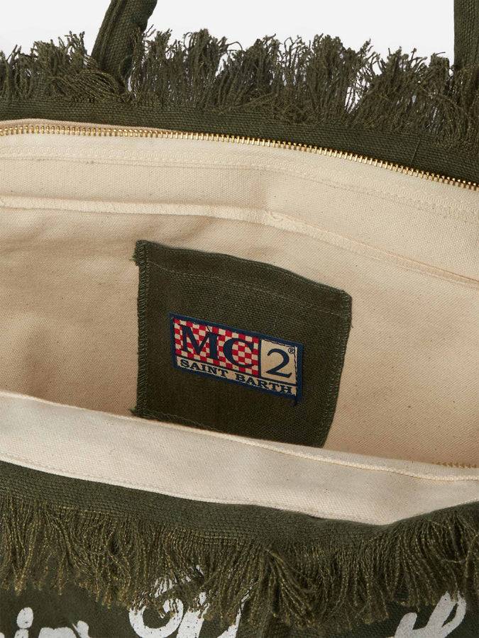 Mc2 Saint Barth Borsa tote Vanity Linen verde militare con ricami Offerte
