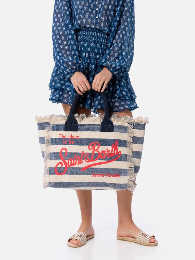 Mc2 Saint Barth Borsa tote Vanity in tela di cotone a righe blu Vendita Calda