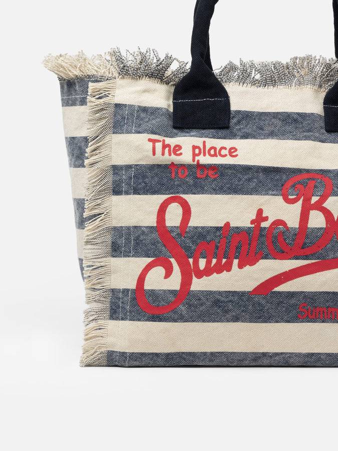 Mc2 Saint Barth Borsa tote Vanity in tela di cotone a righe blu Vendita Calda