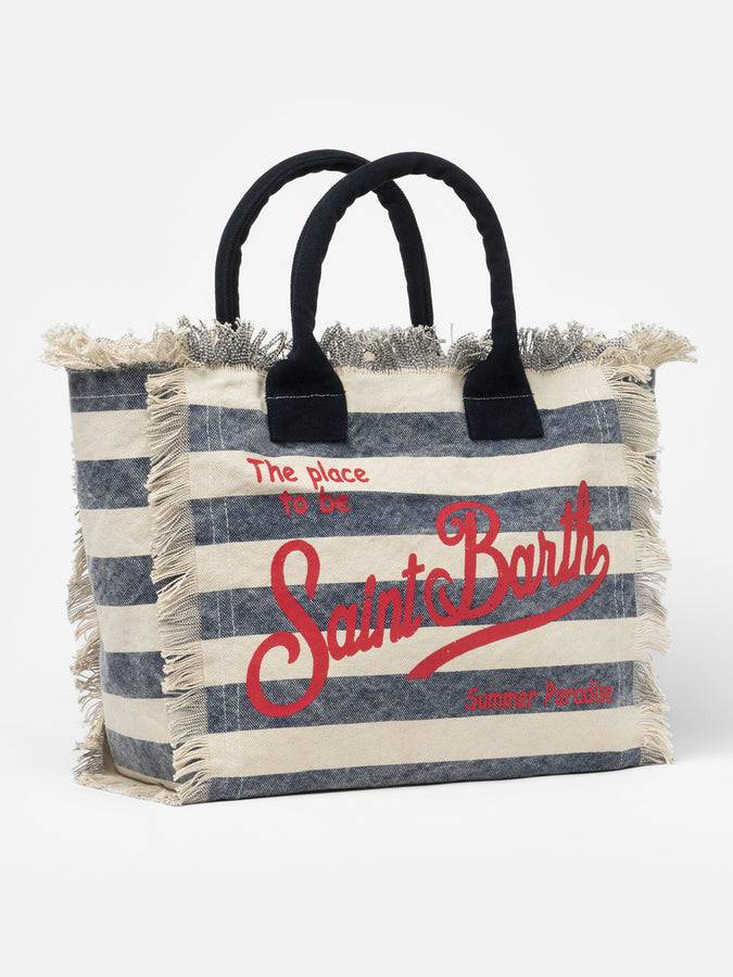 Mc2 Saint Barth Borsa tote Vanity in tela di cotone a righe blu Vendita Calda