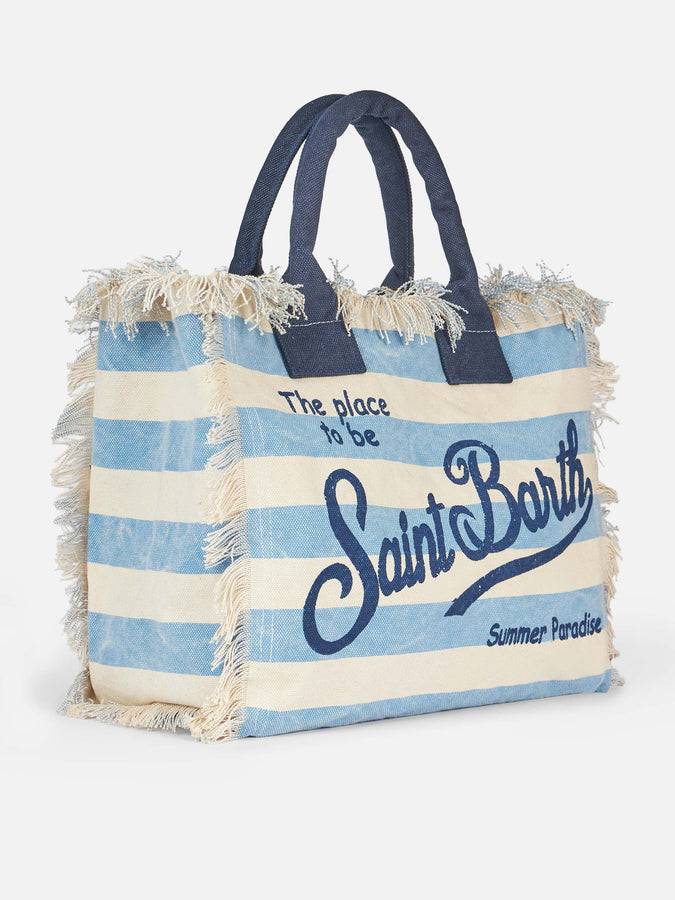 Mc2 Saint Barth Borsa tote Vanity in tela di cotone a righe azzurre Vendita Economica