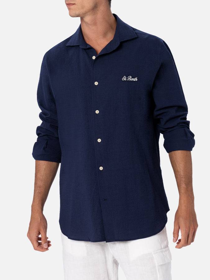 Mc2 Saint Barth Camicia da uomo in seersucker blu in cotone Pamplona