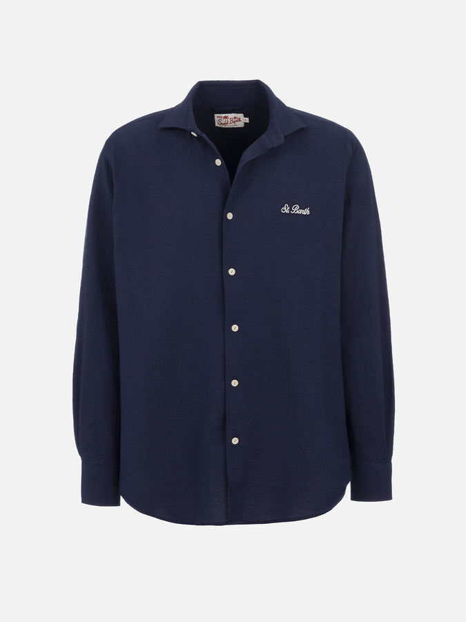 Mc2 Saint Barth Camicia da uomo in seersucker blu in cotone Pamplona Flash Sale
