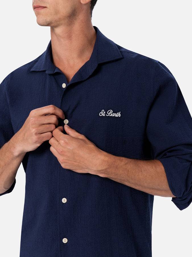 Mc2 Saint Barth Camicia da uomo in seersucker blu in cotone Pamplona Flash Sale