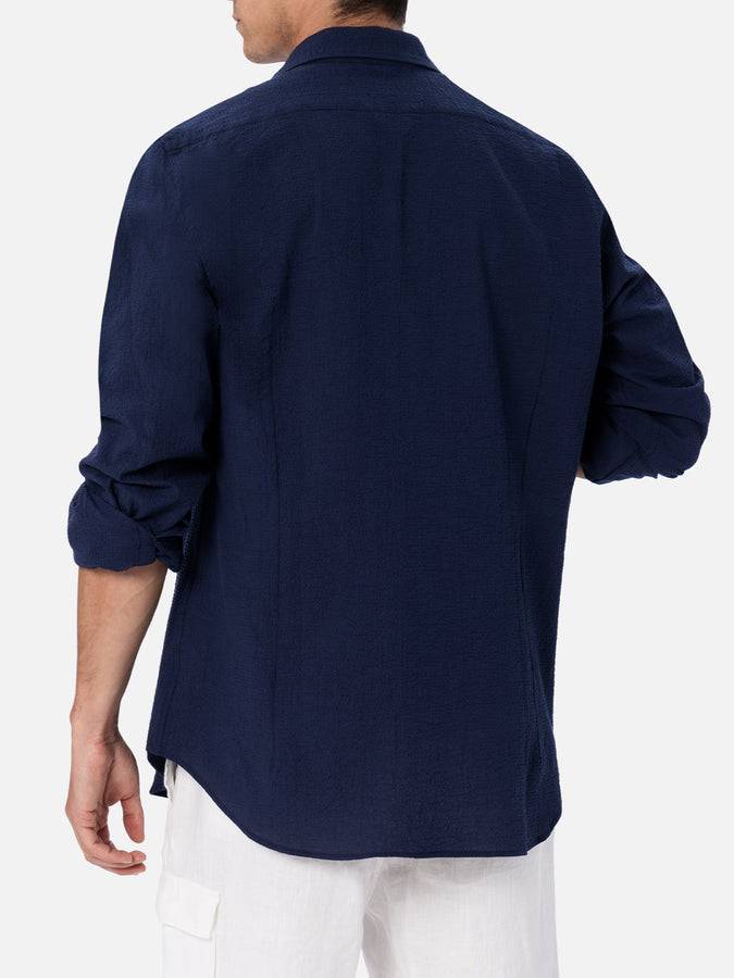 Mc2 Saint Barth Camicia da uomo in seersucker blu in cotone Pamplona Flash Sale