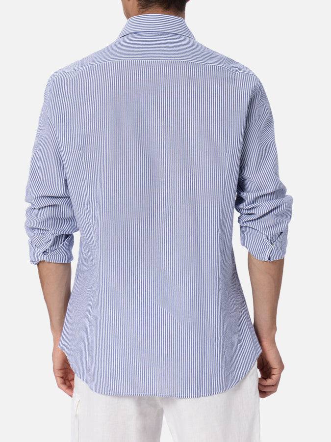 Mc2 Saint Barth Camicia da uomo Pamplona in cotone seersucker con righe bluette Offerta esclusiva