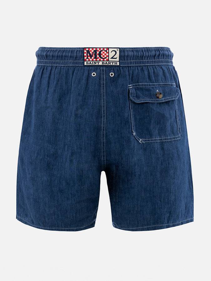 Mc2 Saint Barth Costume da bagno uomo lunghezza media in lino blu denim Gustavia Offerte esclusive
