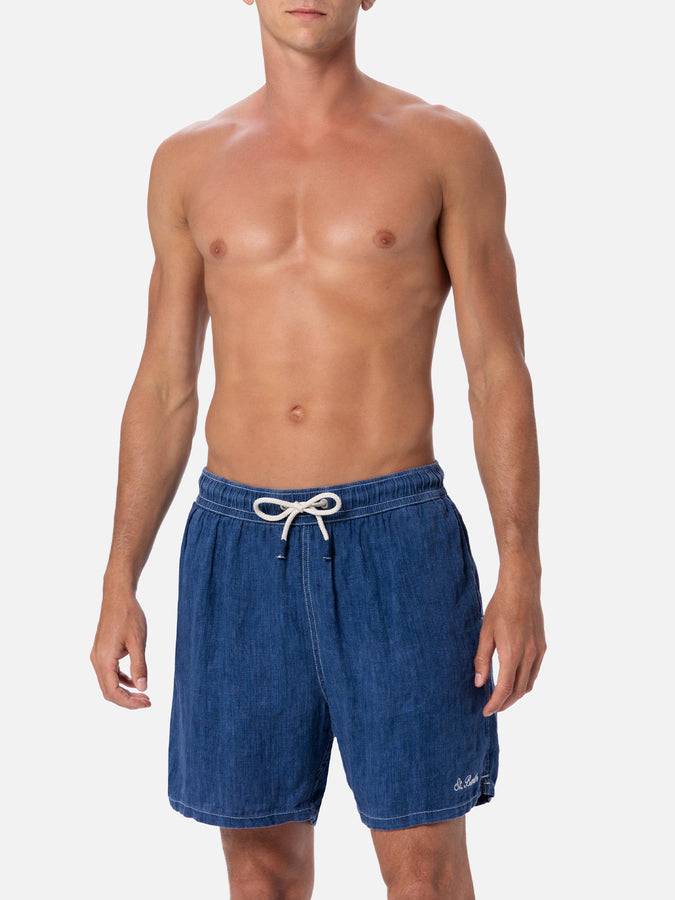 Mc2 Saint Barth Costume da bagno uomo lunghezza media in lino blu denim Gustavia Offerte esclusive